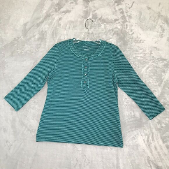 Talbots Top Womens Medium Black Green Stripe Ruffle Quarter Button 3/4 Sleeve - Picture 1 of 8